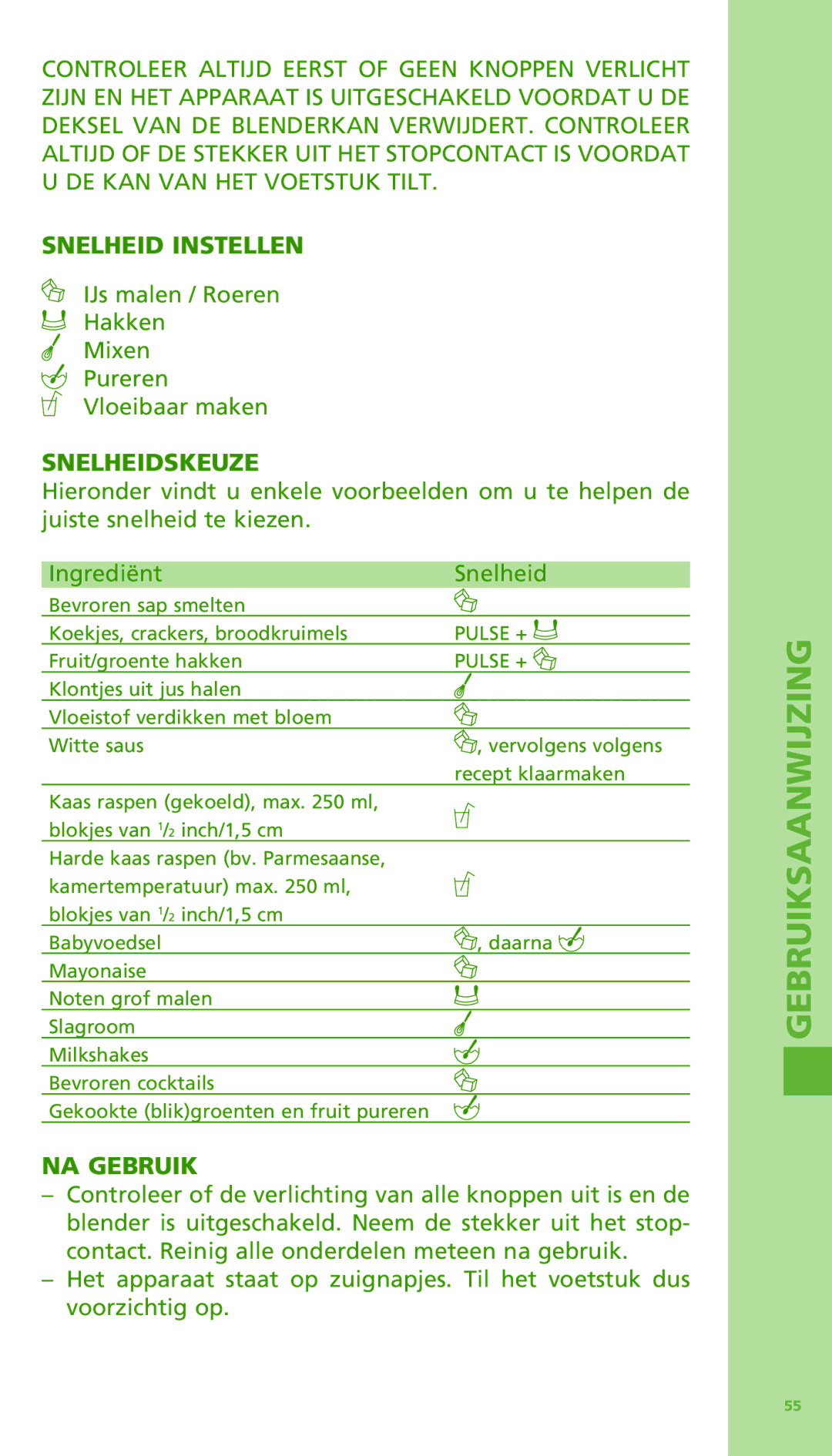 Bodum 11303 manual Snelheid Instellen, IJs malen / Roeren Hakken Mixen Pureren Vloeibaar maken, Snelheidskeuze, NA Gebruik 