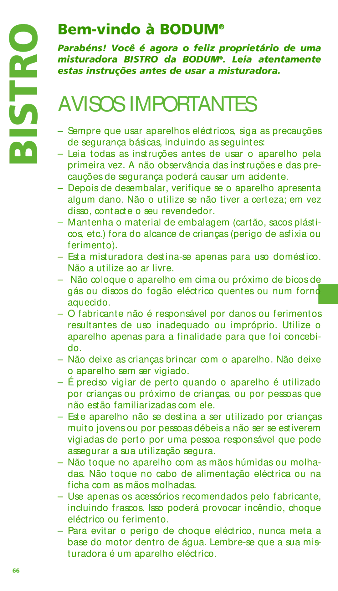 Bodum 11303 manual Avisos Importantes, Bem-vindo à Bodum 