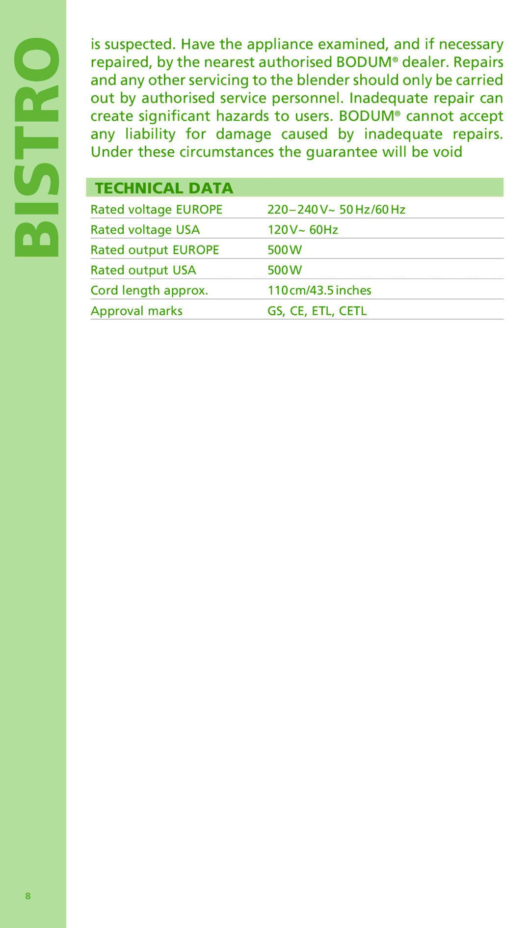 Bodum 11303 manual Technical Data 