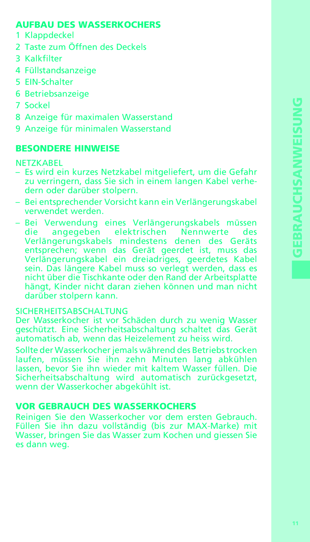 Bodum 11318 manual Aufbau DES Wasserkochers, Besondere Hinweise, Netzkabel, Sicherheitsabschaltung 