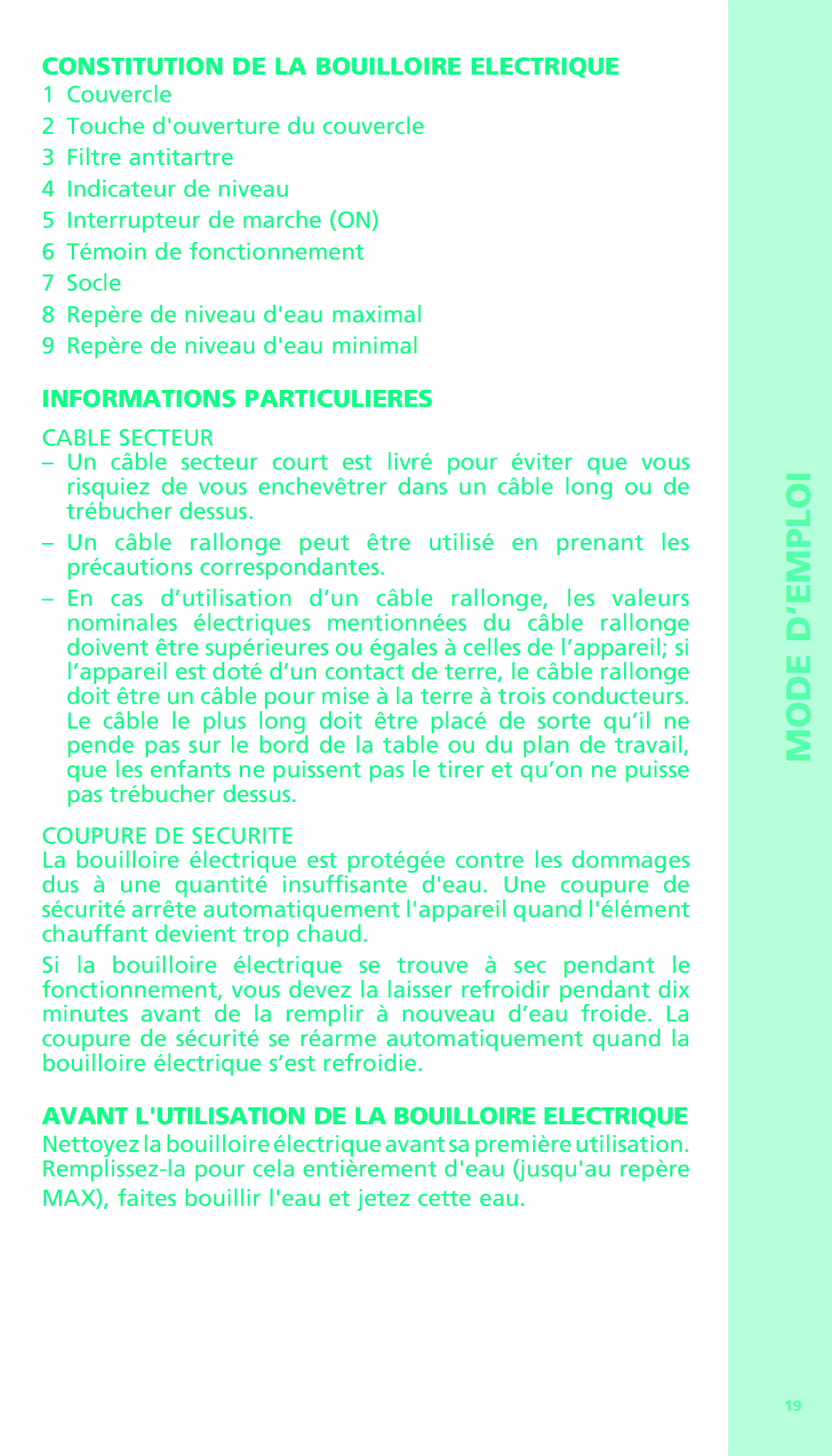 Bodum 11318 manual Constitution DE LA Bouilloire Electrique, Informations Particulieres, Cable Secteur, Coupure DE Securite 