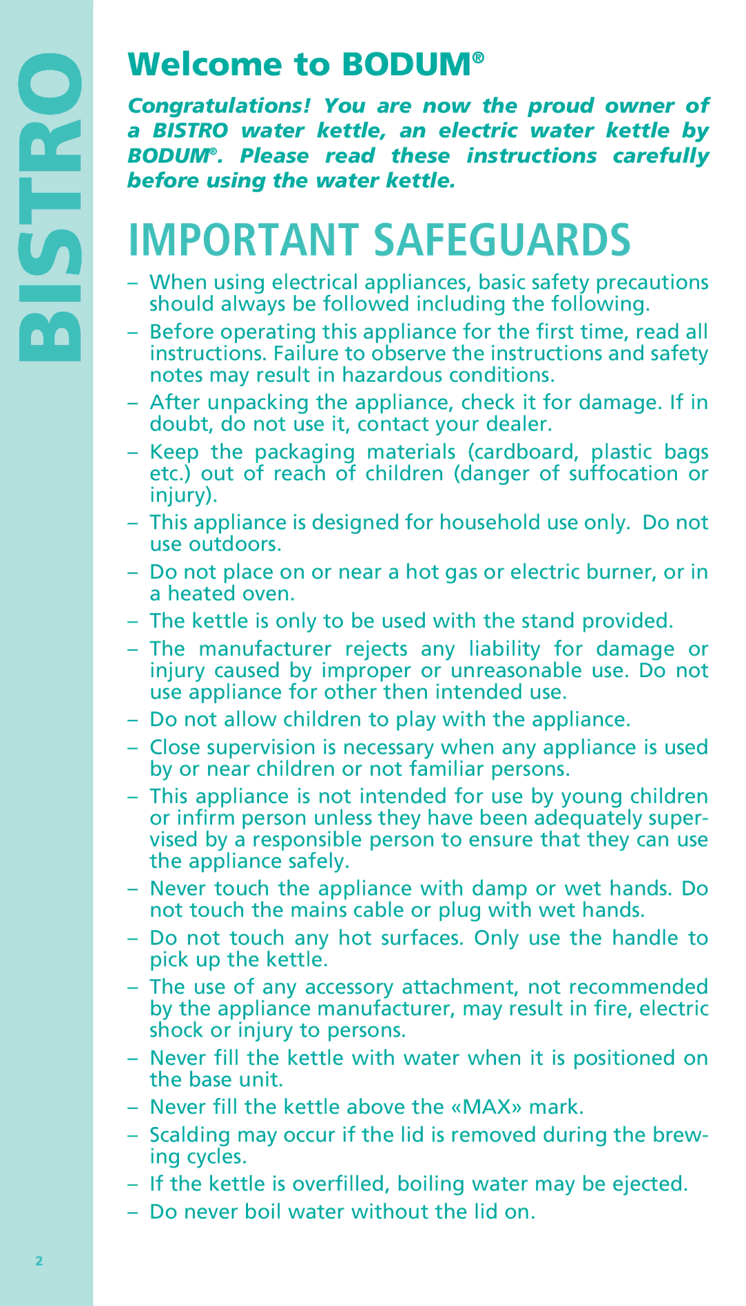 Bodum 11318 manual Important Safeguards, Welcome to Bodum 