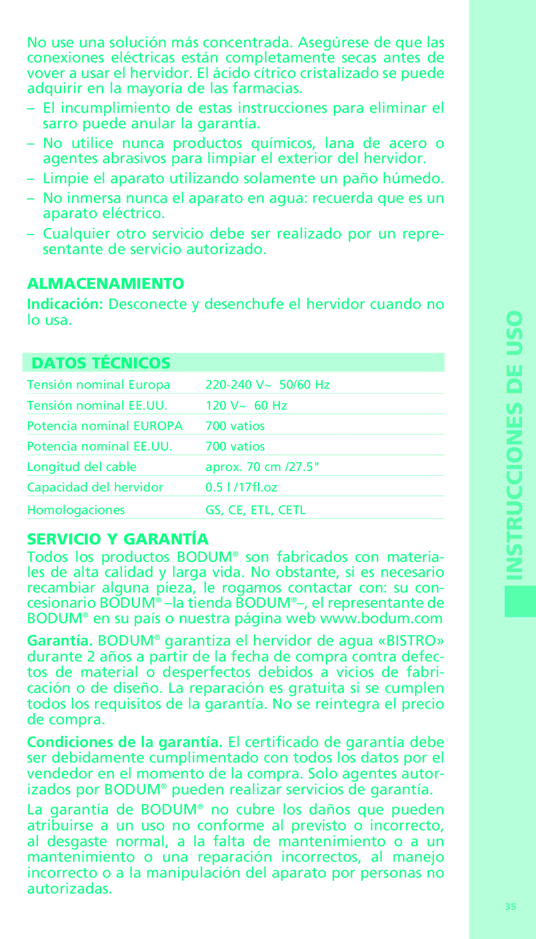 Bodum 11318 manual Almacenamiento, Datos Técnicos, Servicio Y Garantía 