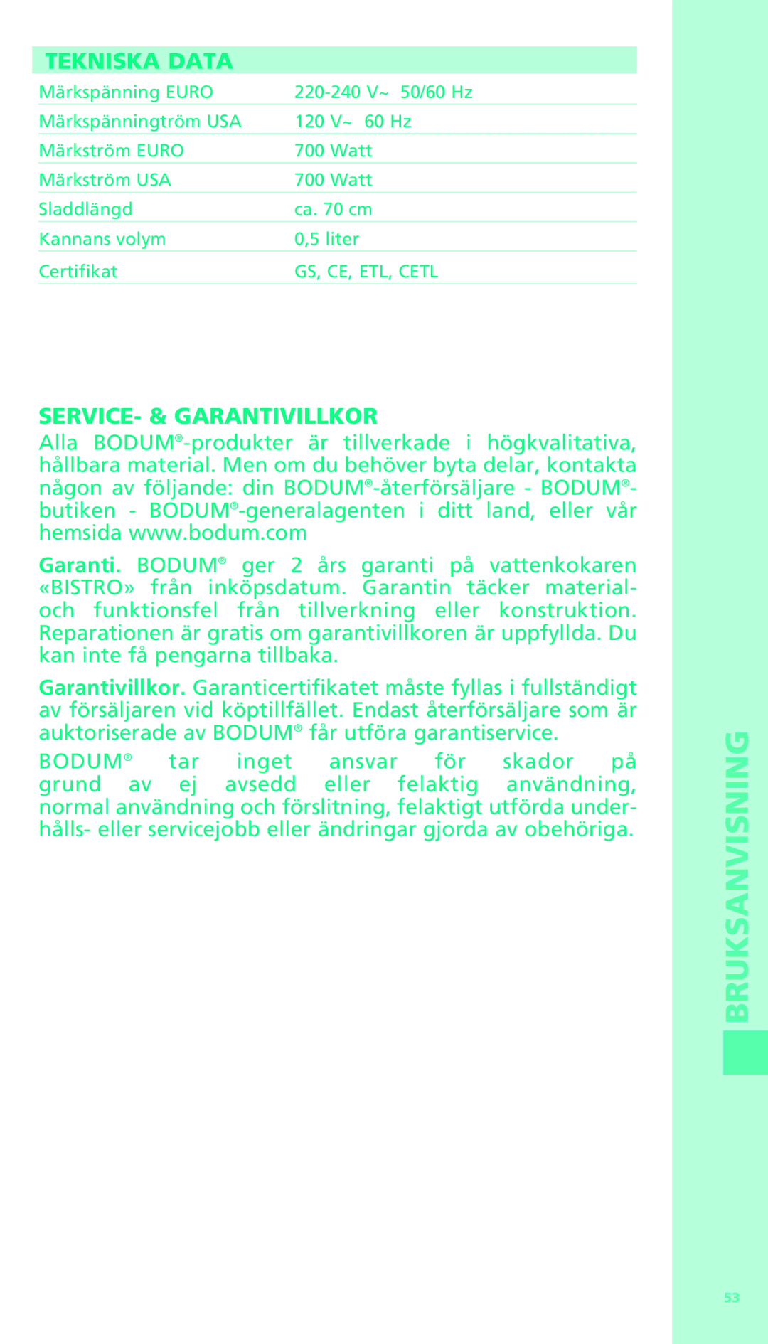 Bodum 11318 manual Tekniska Data, SERVICE- & Garantivillkor, Bodum 