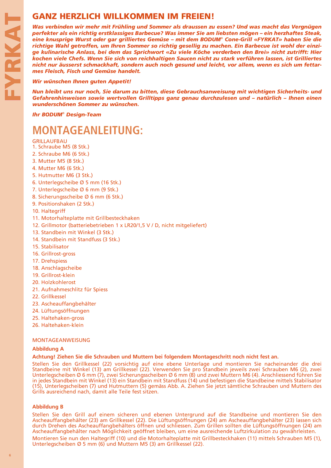 Bodum 11344 manual Montageanleitung, Ganz herzlich willkommen im Freien, Grillaufbau, Abbildung B 