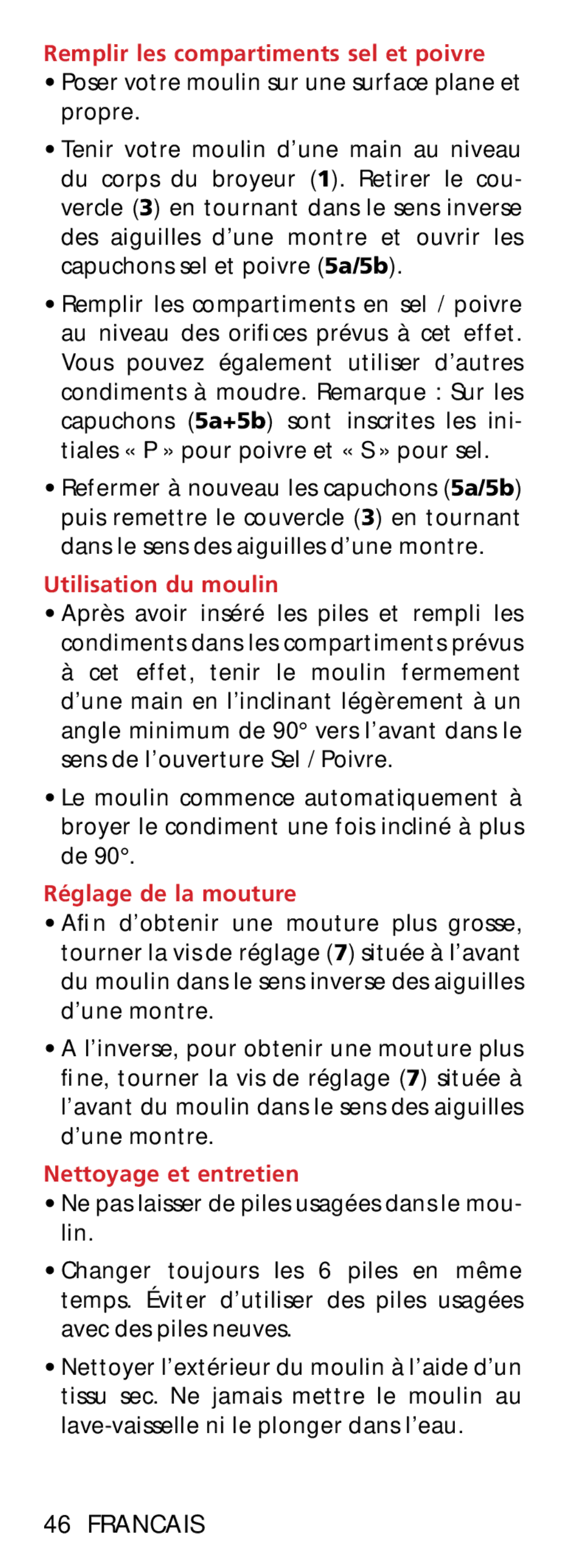 Bodum 11348 Remplir les compartiments sel et poivre, Utilisation du moulin, Réglage de la mouture, Nettoyage et entretien 