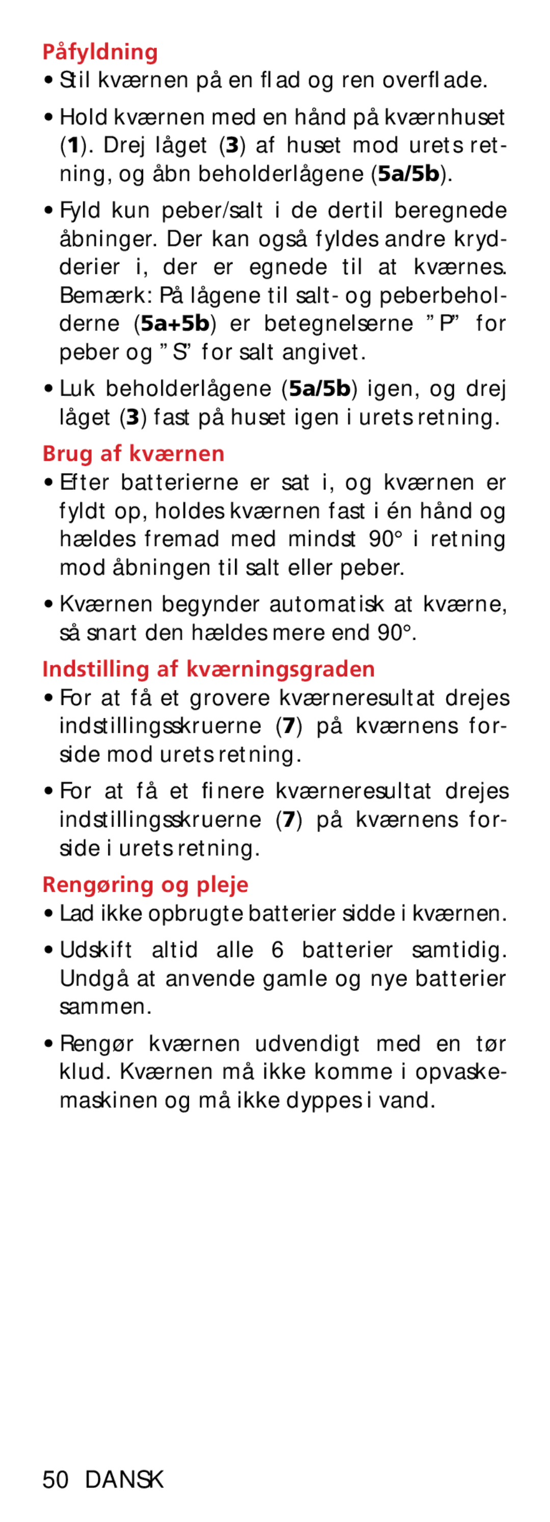 Bodum 11348 manual Påfyldning, Brug af kværnen, Indstilling af kværningsgraden, Rengøring og pleje 