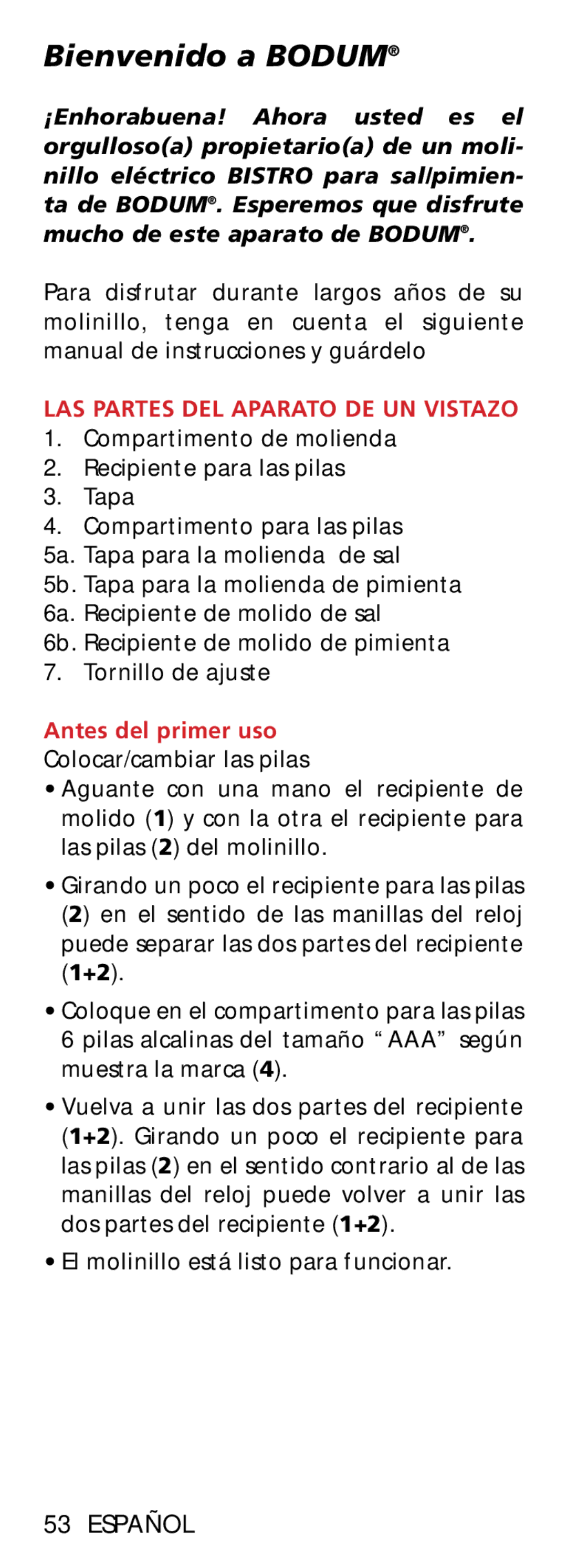 Bodum 11348 manual Bienvenido a Bodum, Español, LAS Partes DEL Aparato DE UN Vistazo, Antes del primer uso 