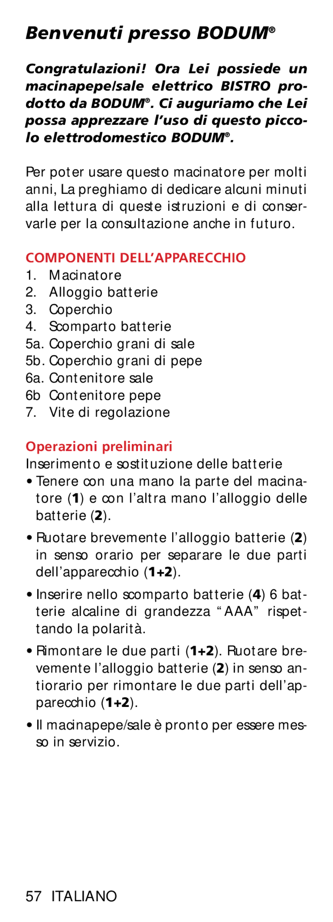 Bodum 11348 manual Benvenuti presso Bodum, Italiano, Componenti DELL’APPARECCHIO, Operazioni preliminari 