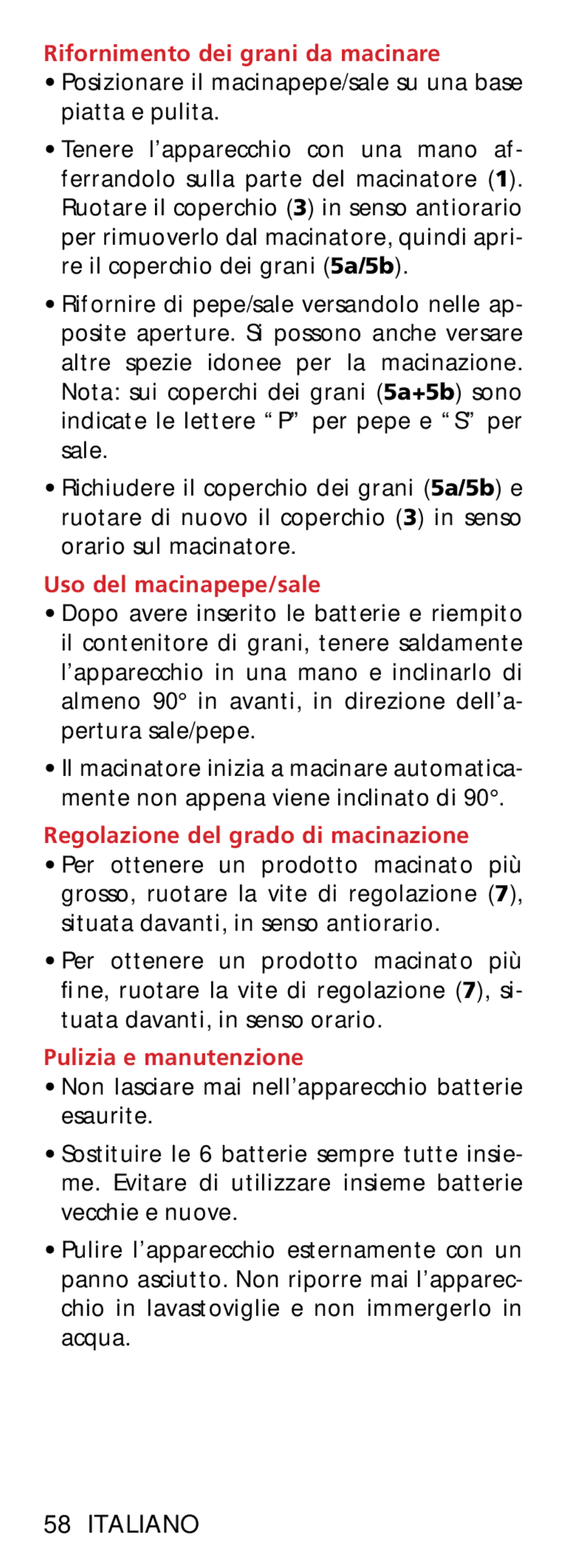 Bodum 11348 manual Rifornimento dei grani da macinare, Uso del macinapepe/sale, Regolazione del grado di macinazione 