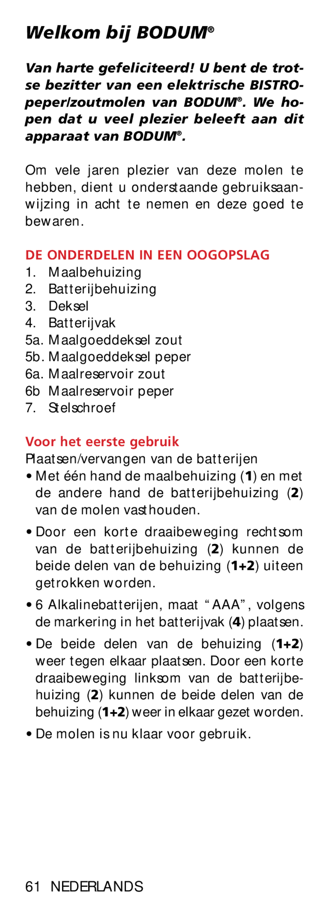 Bodum 11348 manual Welkom bij Bodum, Nederlands, DE Onderdelen in EEN Oogopslag 