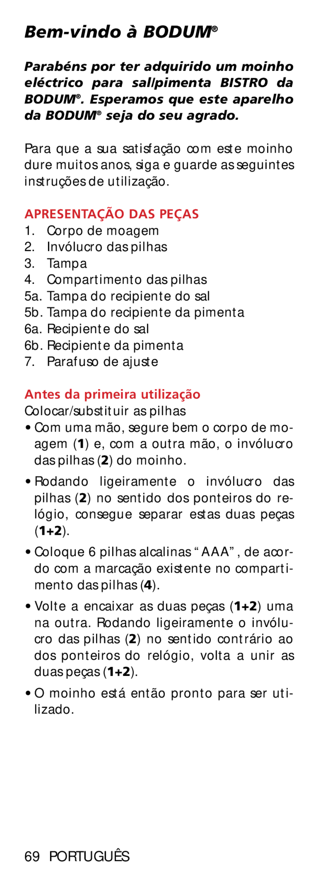 Bodum 11348 manual Bem-vindo à Bodum, Português, Apresentação DAS Peças, Antes da primeira utilização 