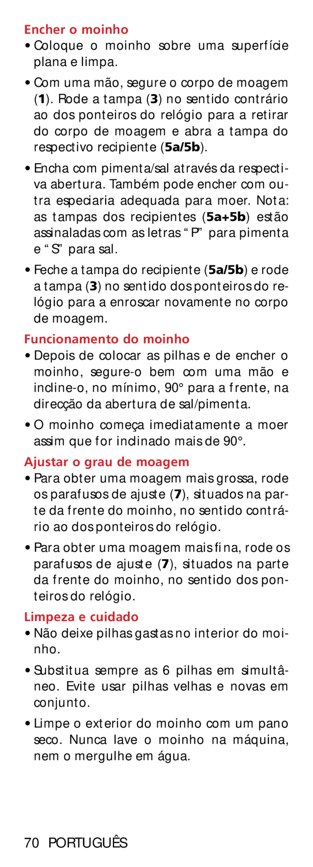 Bodum 11348 manual Encher o moinho, Funcionamento do moinho, Ajustar o grau de moagem, Limpeza e cuidado 