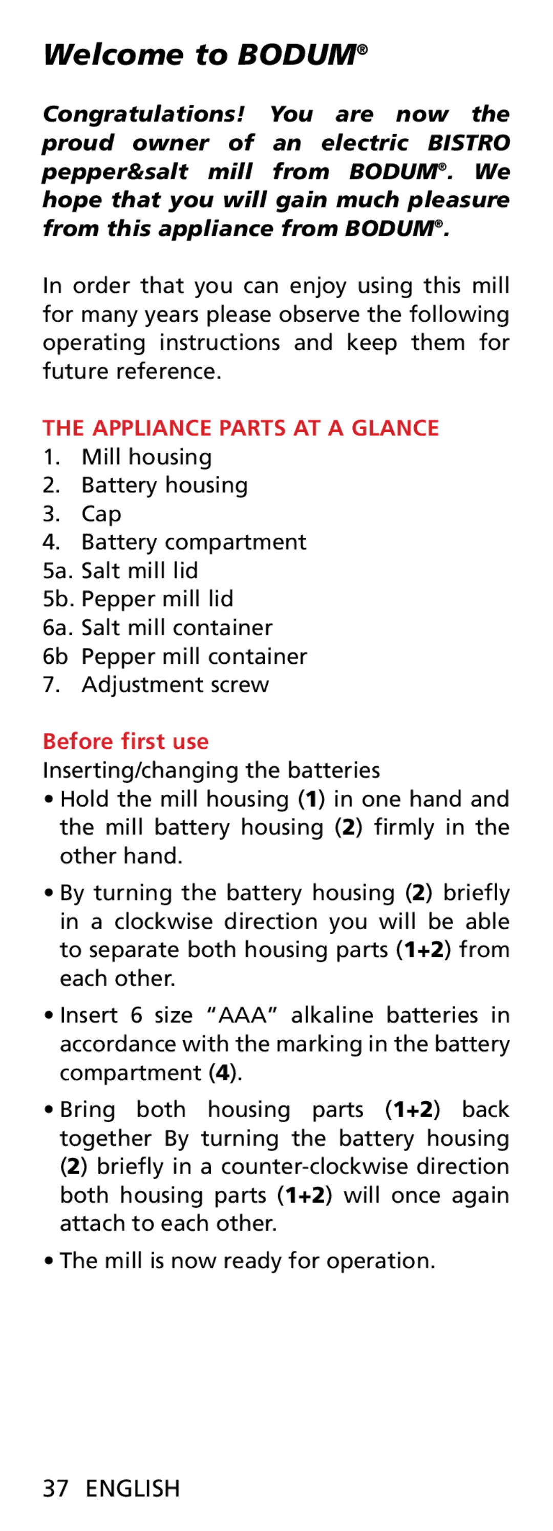 Bodum 11348 manual Welcome to Bodum, English, Appliance Parts AT a Glance, Before first use 