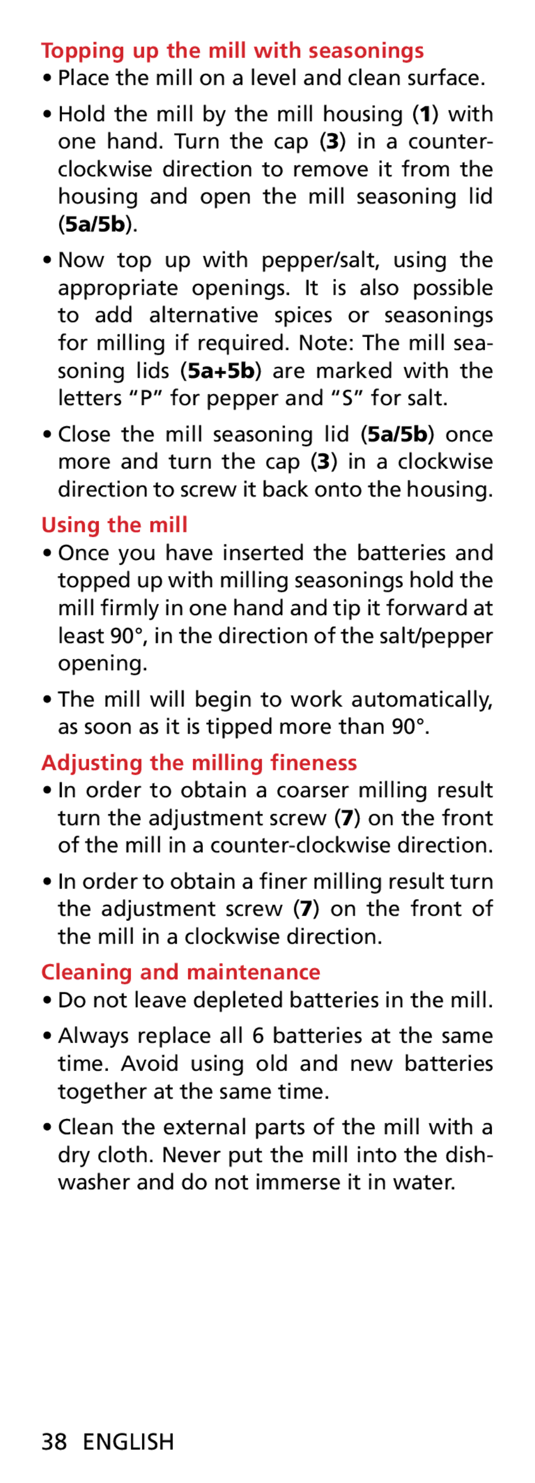 Bodum 11348 Topping up the mill with seasonings, Using the mill, Adjusting the milling fineness, Cleaning and maintenance 