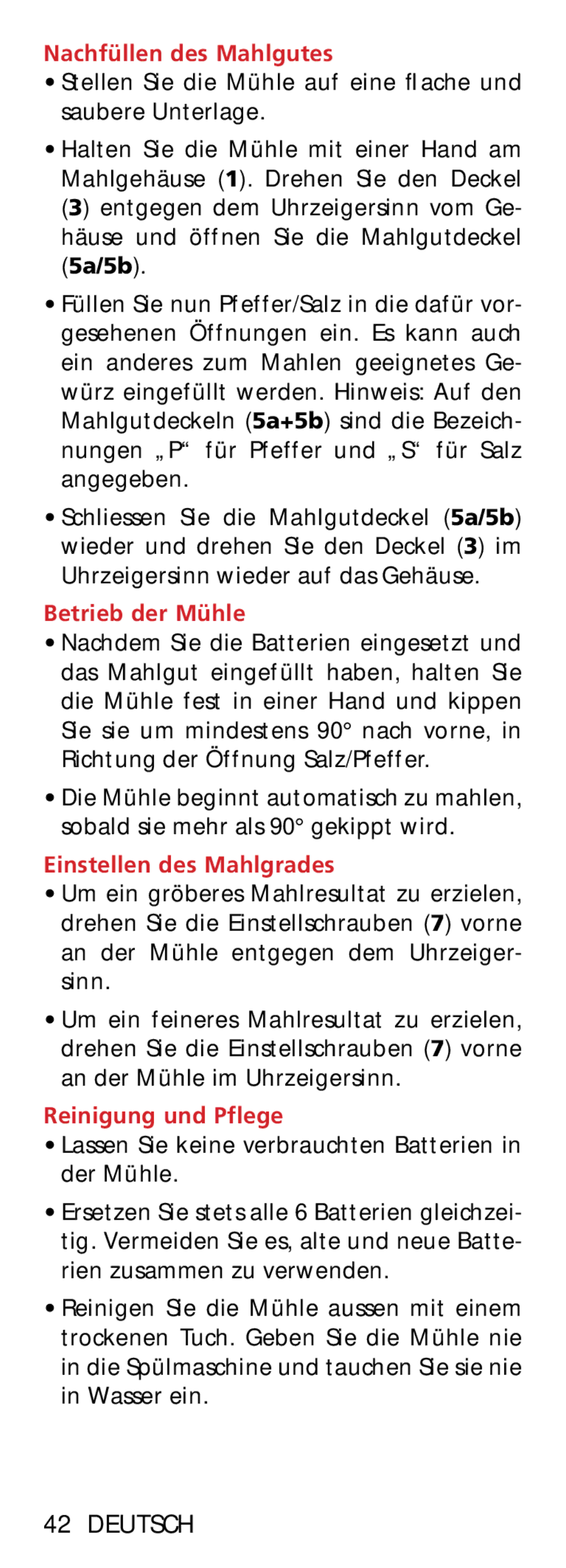 Bodum 11348 manual Nachfüllen des Mahlgutes, Betrieb der Mühle, Einstellen des Mahlgrades, Reinigung und Pflege 