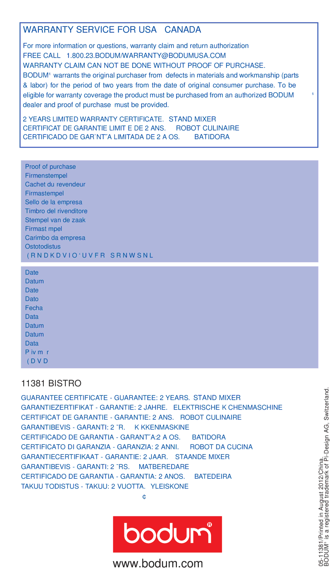 Bodum 11381 manual Warranty Service for USA Canada 