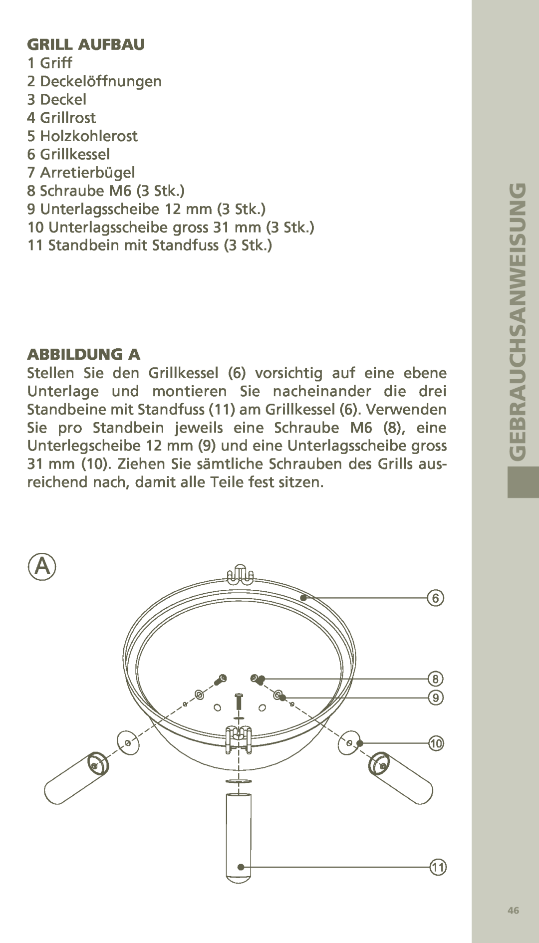 Bodum 11421 manual Gebrauchsanweisung, Grill Aufbau, Abbildung A 