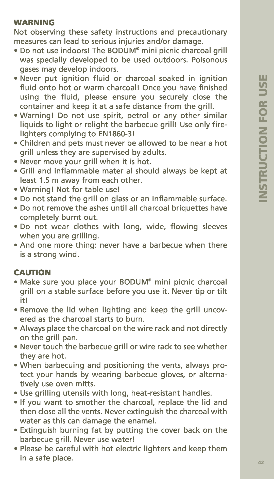 Bodum 11421 manual Instruction for use, Never move your grill when it is hot 