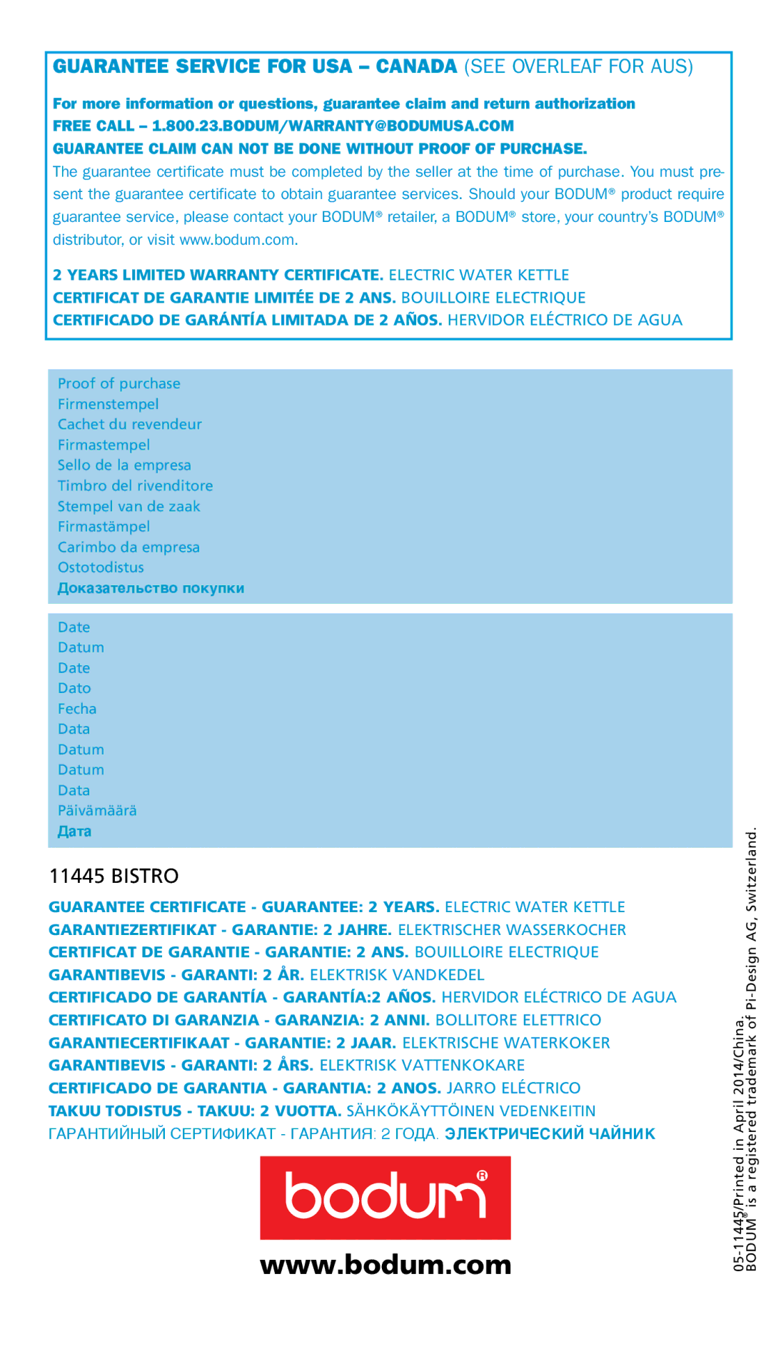 Bodum 11445 manual Guarantee Service for USA Canada see Overleaf for AUS 