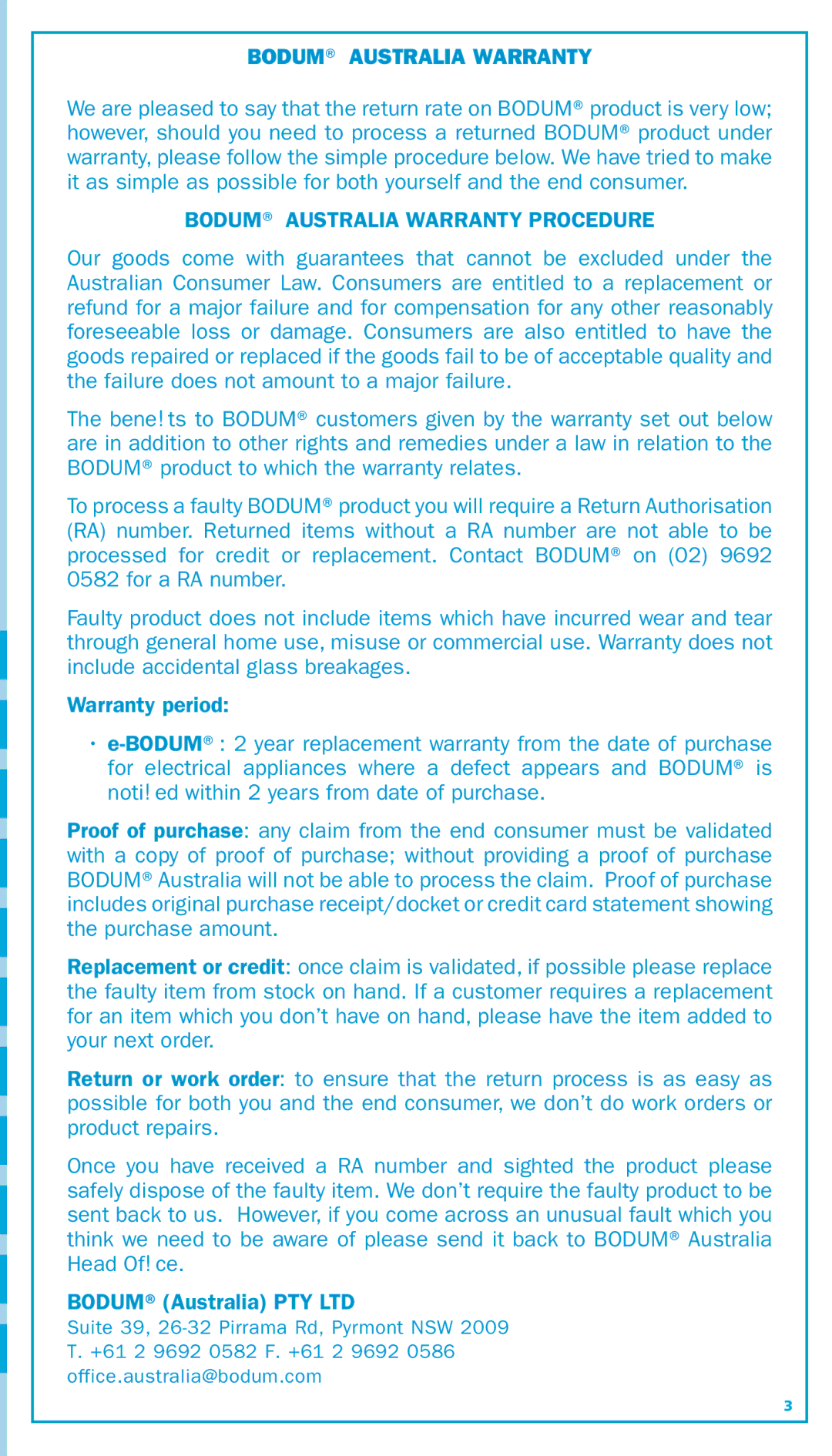 Bodum 11445 manual Bodum Australia Warranty 