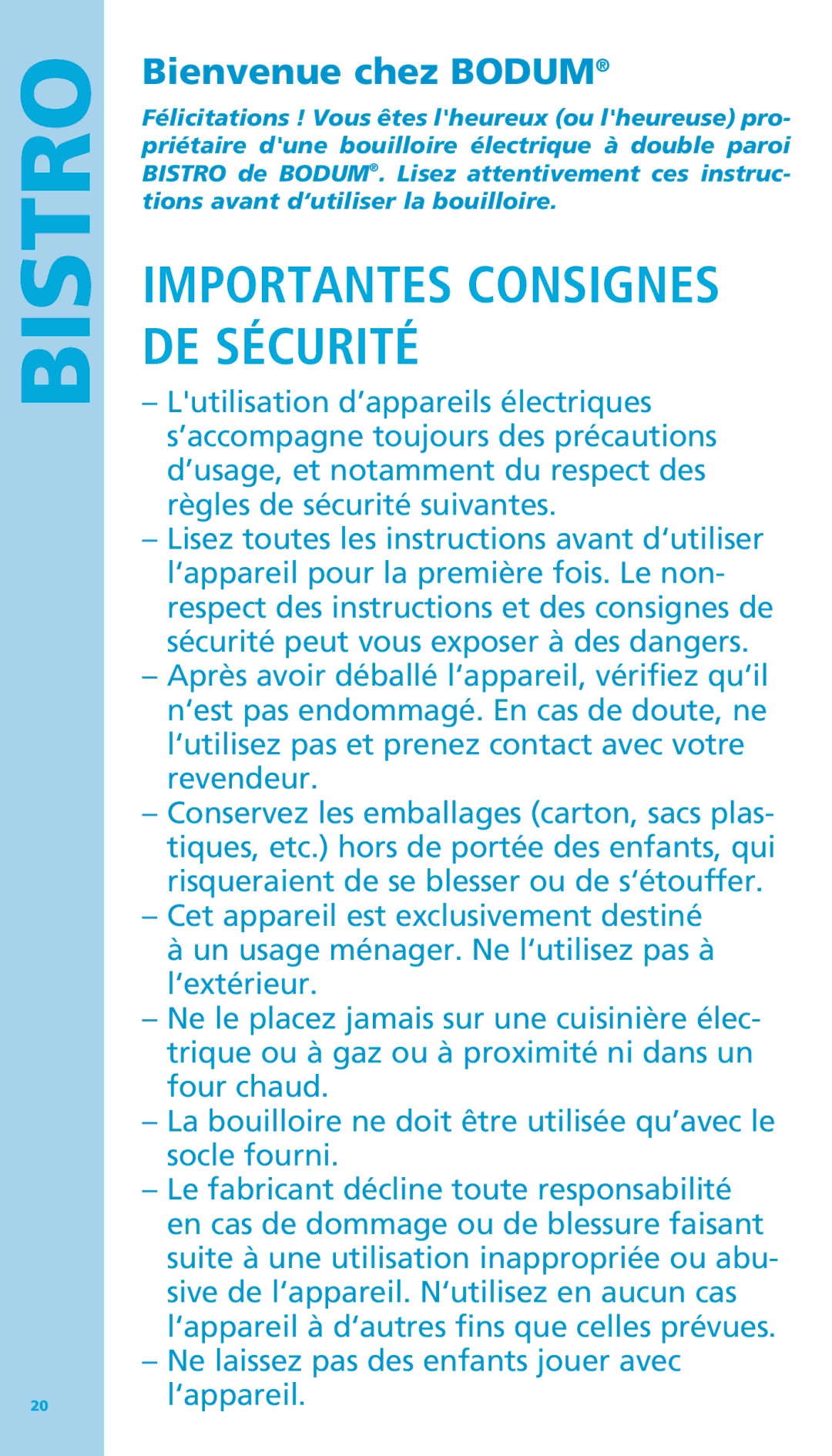 Bodum 11445 manual Importantes Consignes DE Sécurité, Bienvenue chez Bodum 