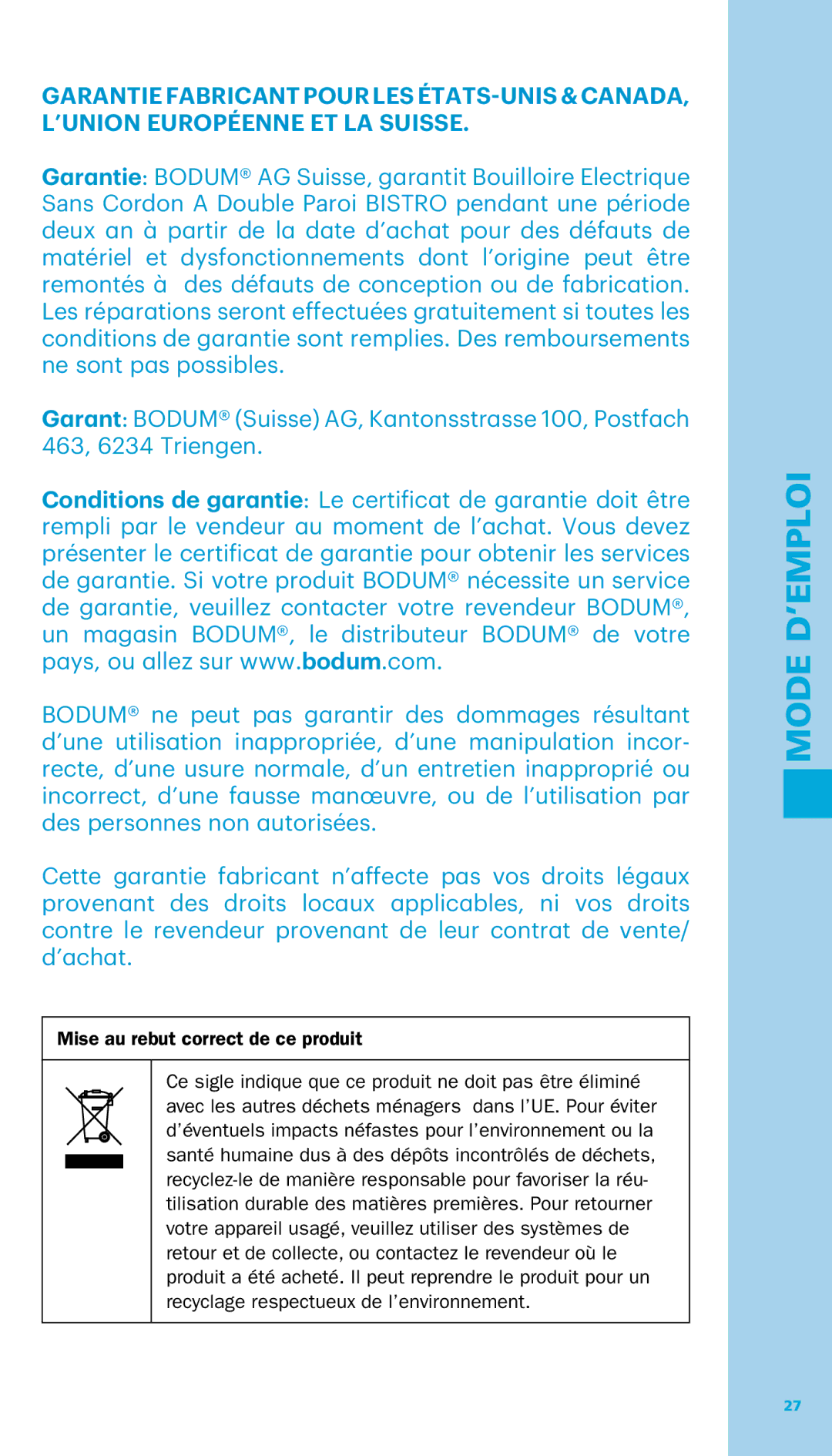 Bodum 11445 manual Mise au rebut correct de ce produit 