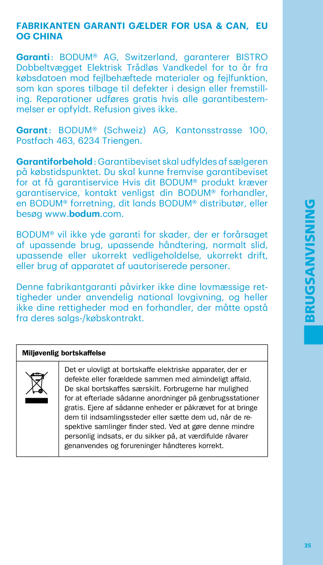 Bodum 11445 manual Fabrikanten Garanti Gælder for USA & CAN, EU OG China, Miljøvenlig bortskaffelse 