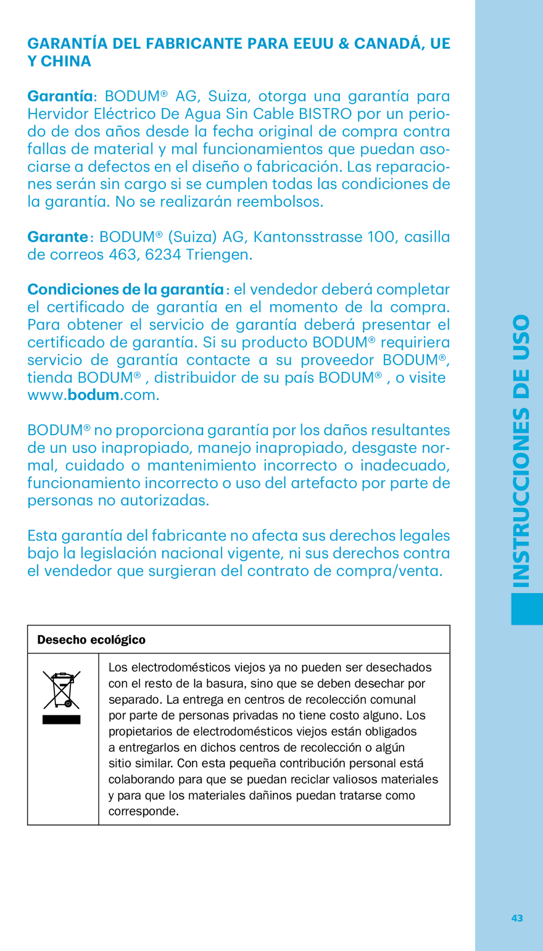 Bodum 11445 manual Garantía DEL Fabricante Para Eeuu & CANADÁ, UE Y China, Ntí 