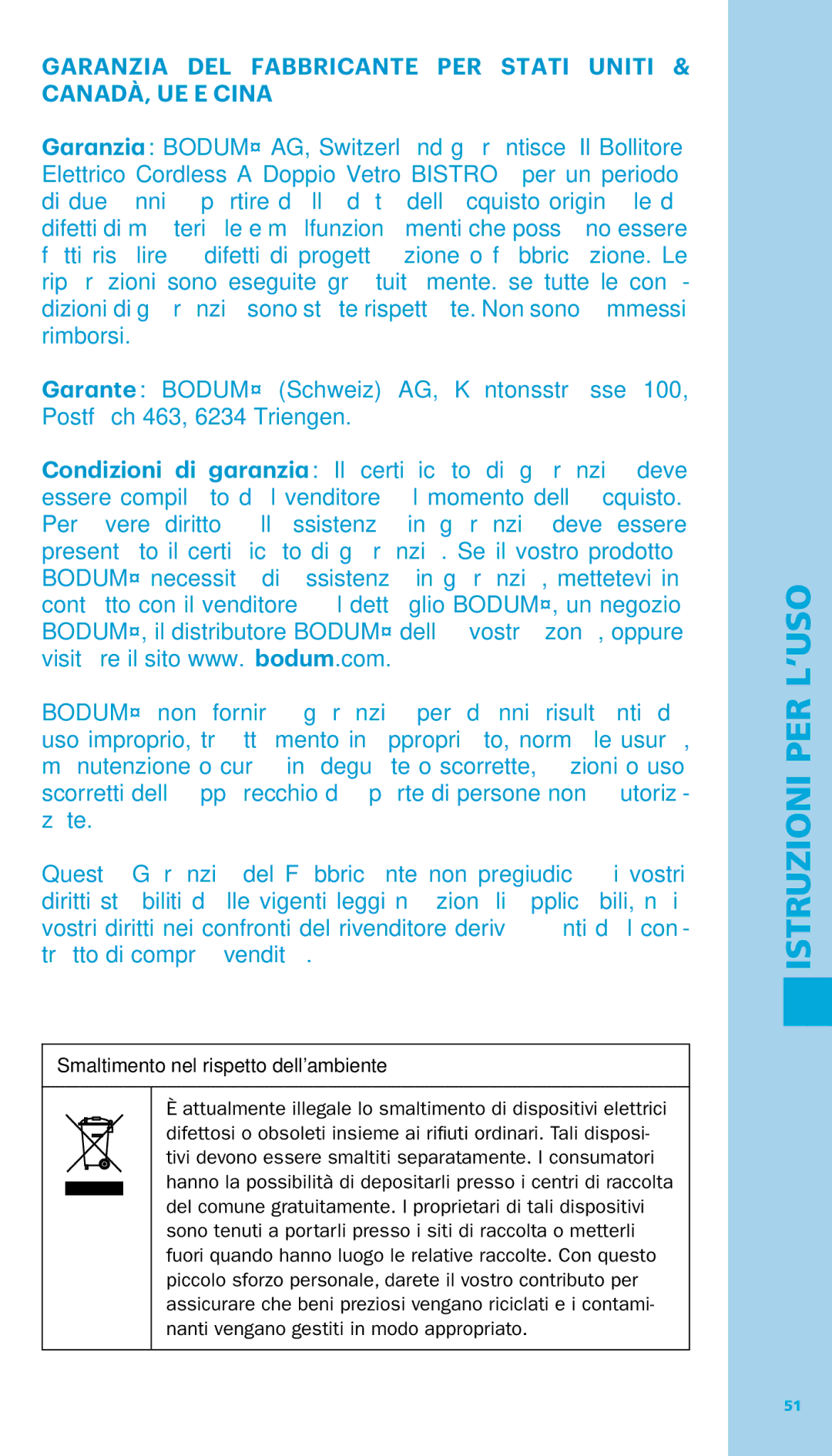 Bodum 11445 manual Garanzia DEL Fabbricante PER Stati Uniti & CANADÀ, UE E Cina 