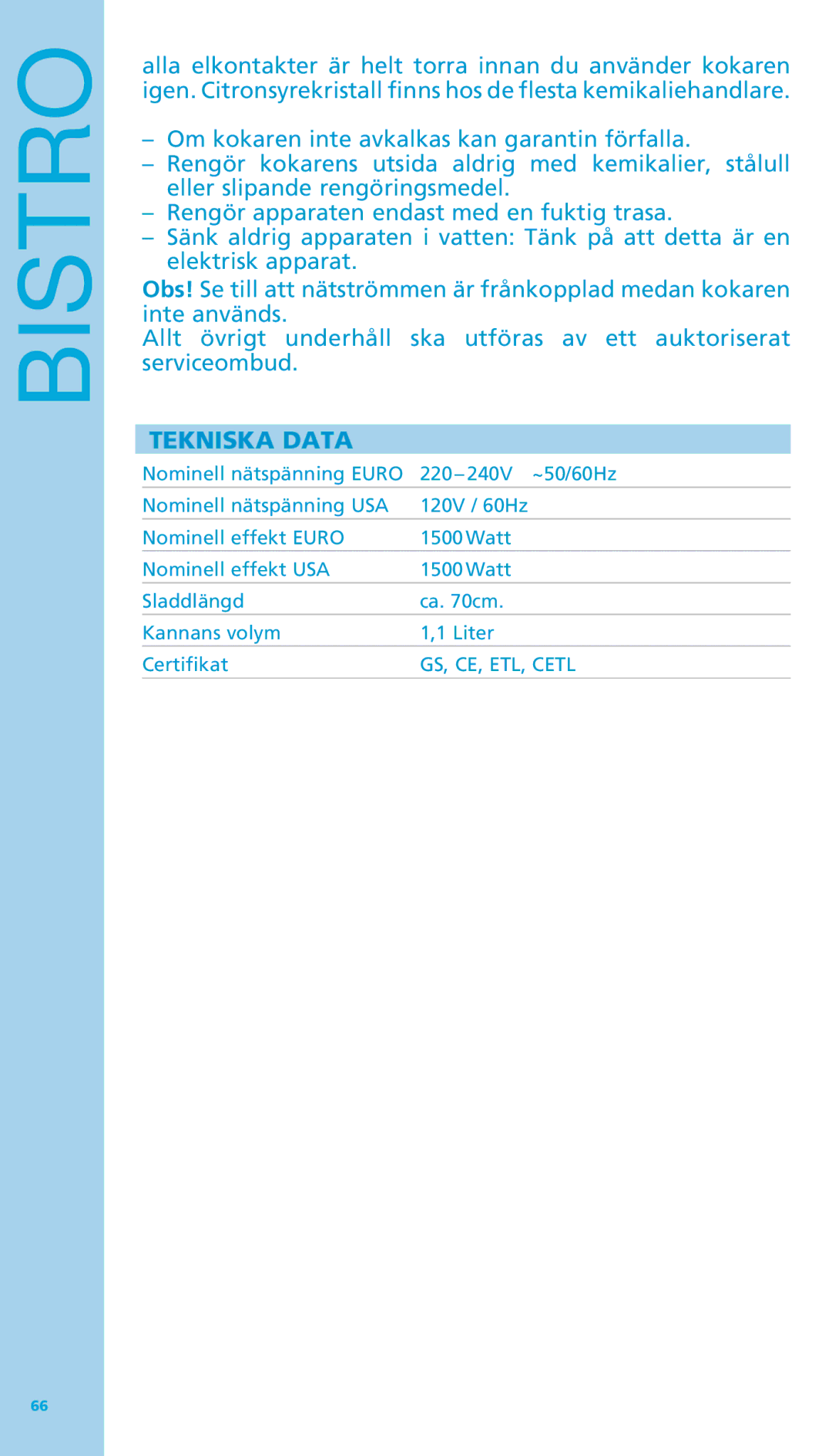 Bodum 11445 manual Tekniska Data 