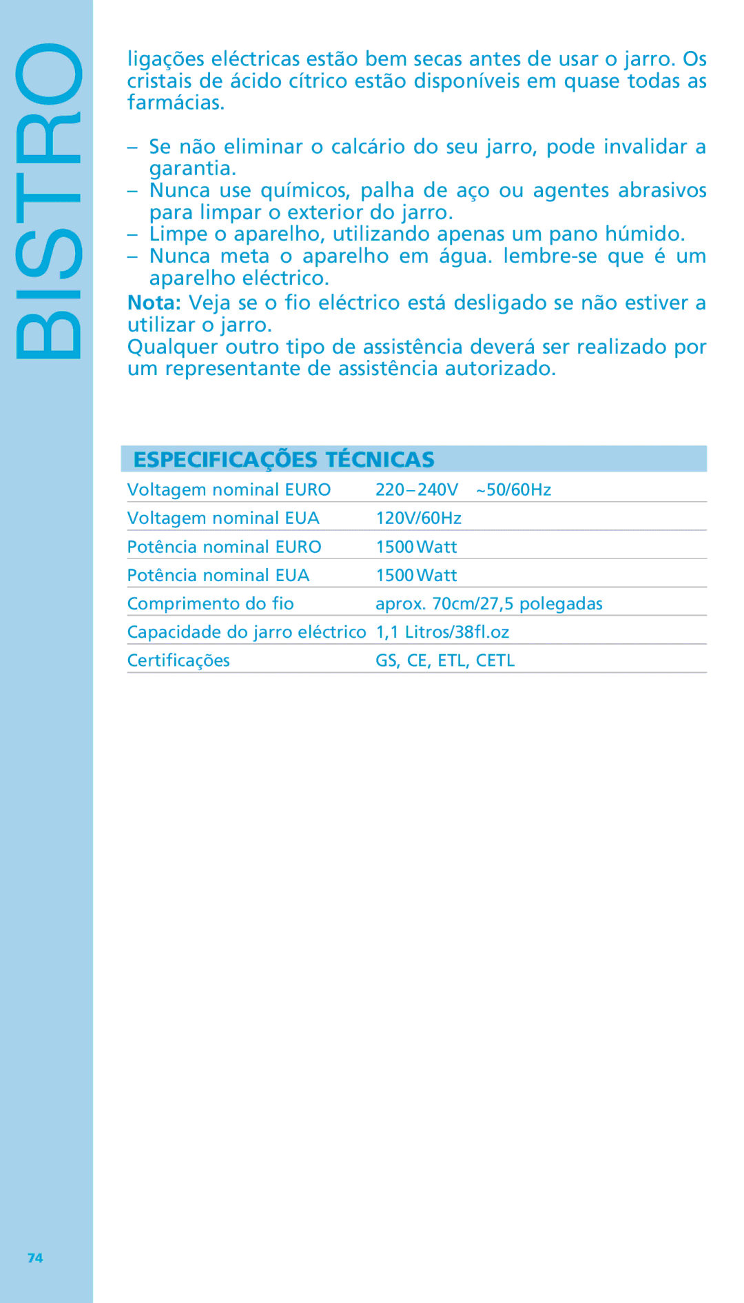 Bodum 11445 manual Especificações Técnicas 