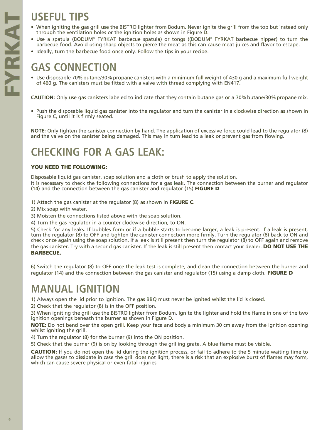 Bodum 11450 manual Useful Tips, GAS Connection, Checking for a GAS Leak, Manual Ignition, Barbecue 