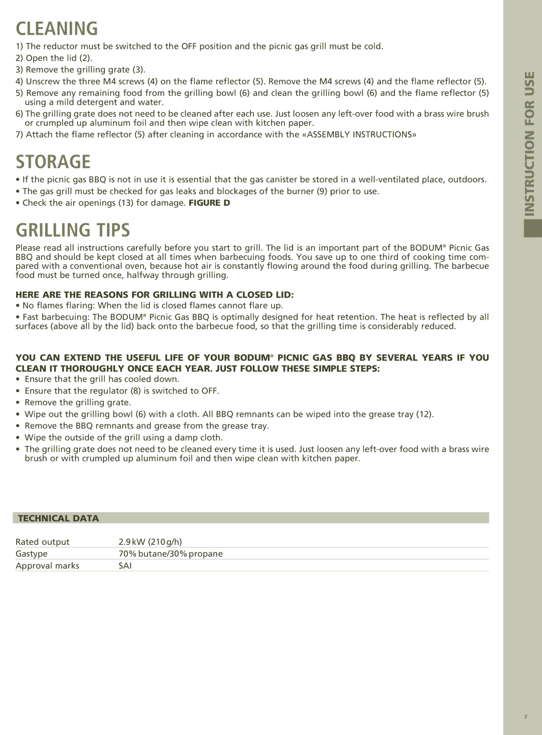 Bodum 11450 manual Cleaning, Storage, Grilling Tips, Here are the reasons for grilling with a closed lid, Technical Data 