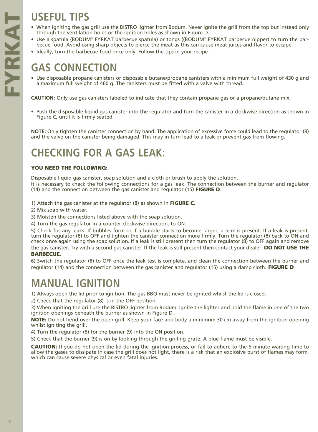 Bodum 11450 manual Useful Tips, GAS Connection, Checking for a GAS Leak, Manual Ignition, Barbecue 