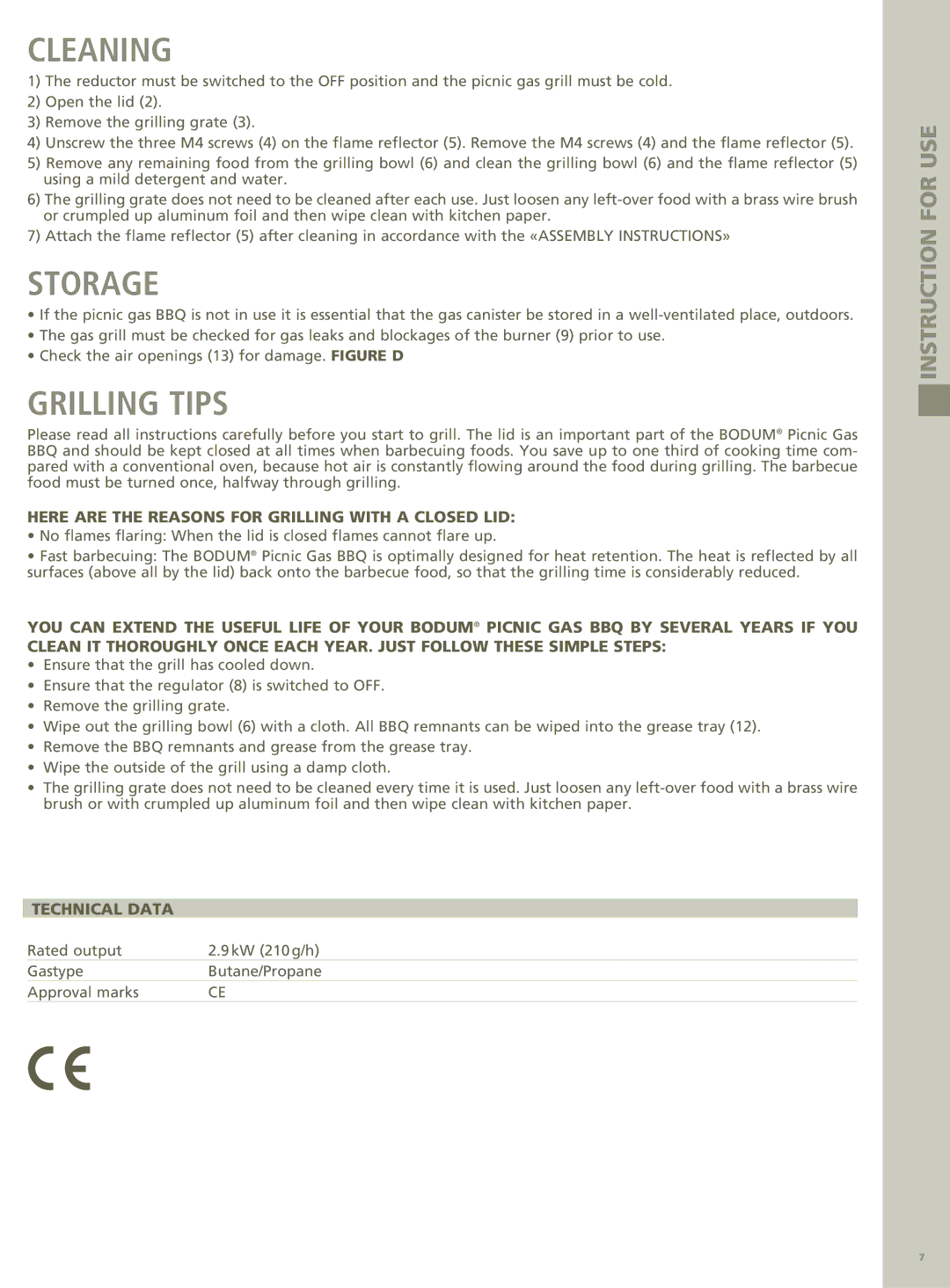 Bodum 11450P manual Cleaning, Storage, Grilling Tips, Here are the Reasons for Grilling with a Closed LID, Technical Data 