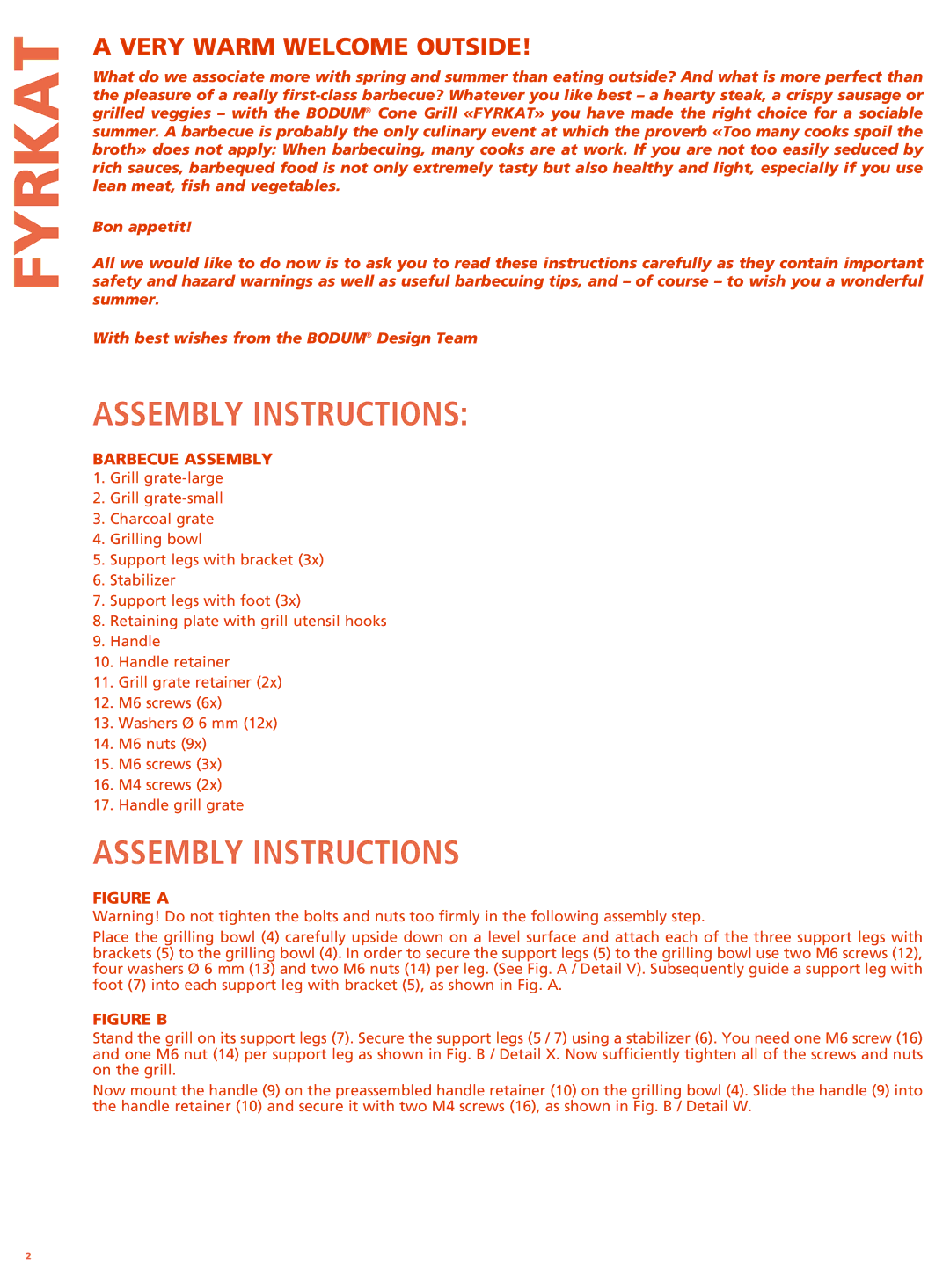 Bodum 11478 manual Assembly Instructions, Very Warm Welcome Outside, Barbecue Assembly 