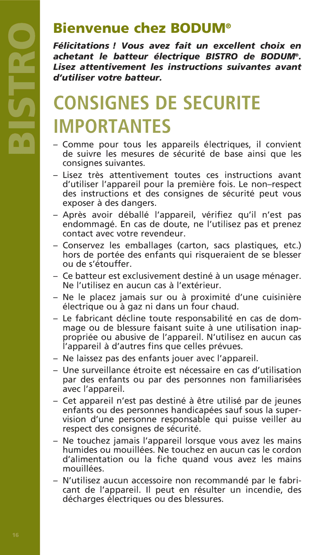 Bodum 11520 manual Consignes DE Securite Importantes, Bienvenue chez Bodum 