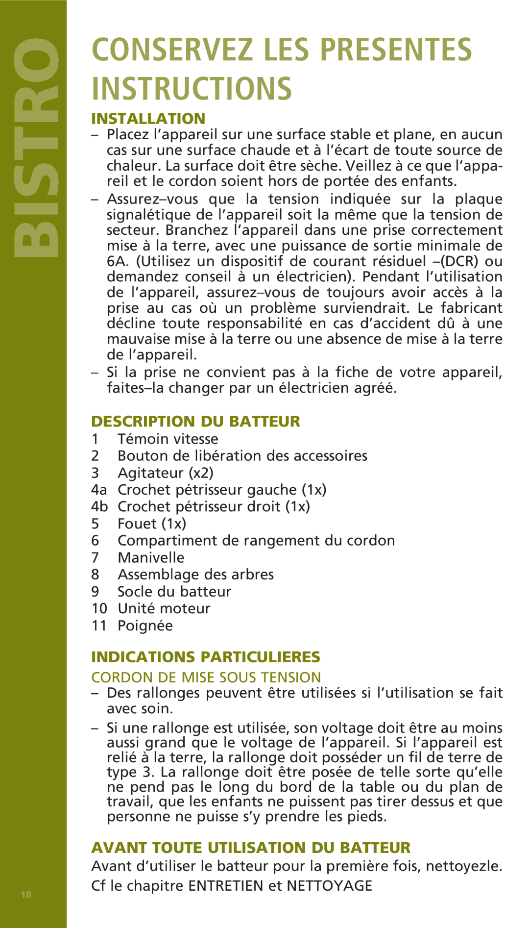 Bodum 11520 manual Description DU Batteur, Indications Particulieres, Cordon DE Mise Sous Tension 