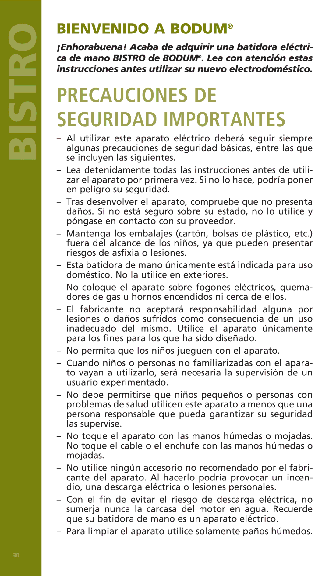 Bodum 11520 manual Precauciones DE Seguridad Importantes 