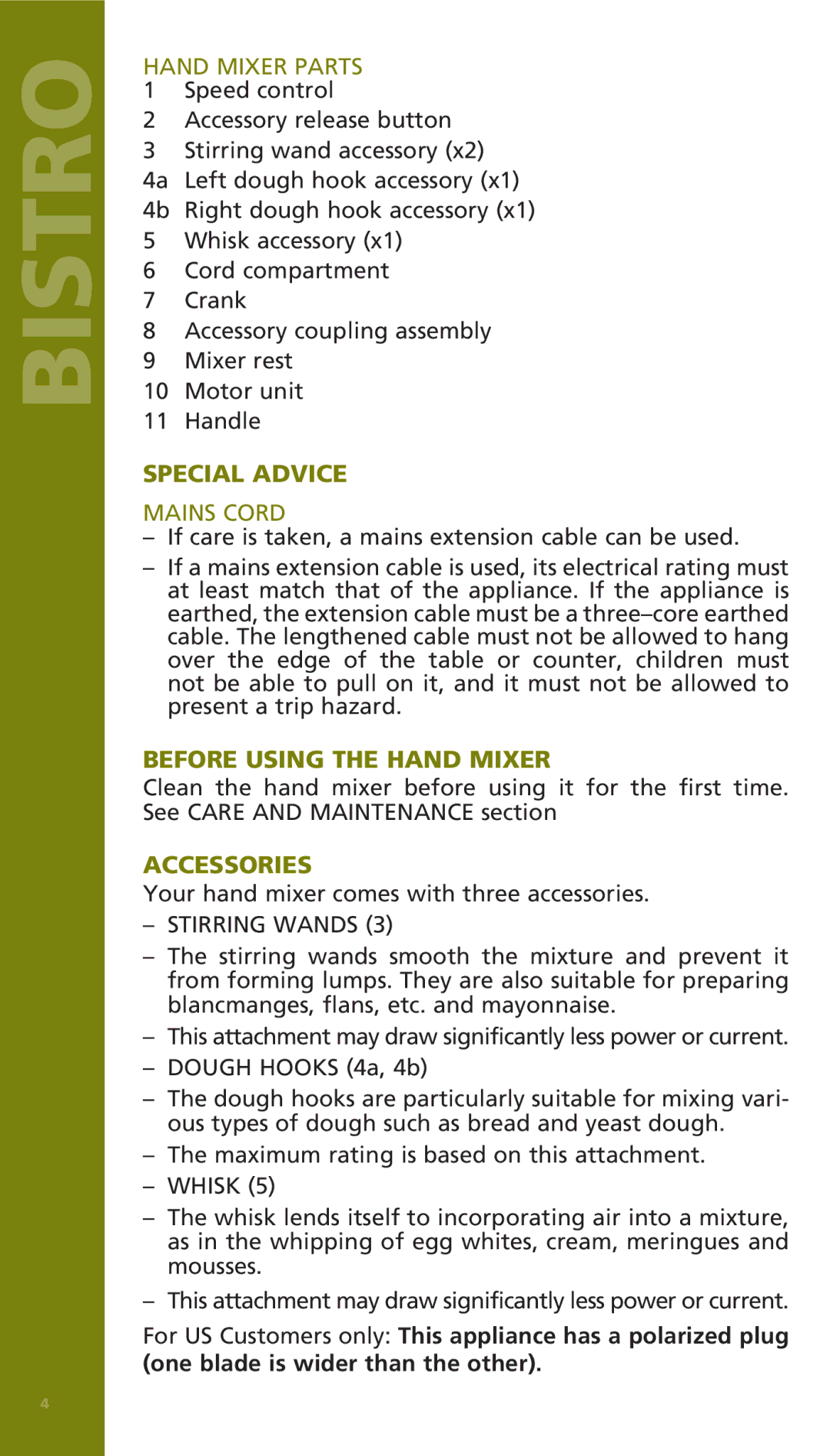 Bodum 11520 manual Hand Mixer Parts, Special Advice, Mains Cord, Before Using the Hand Mixer, Accessories 