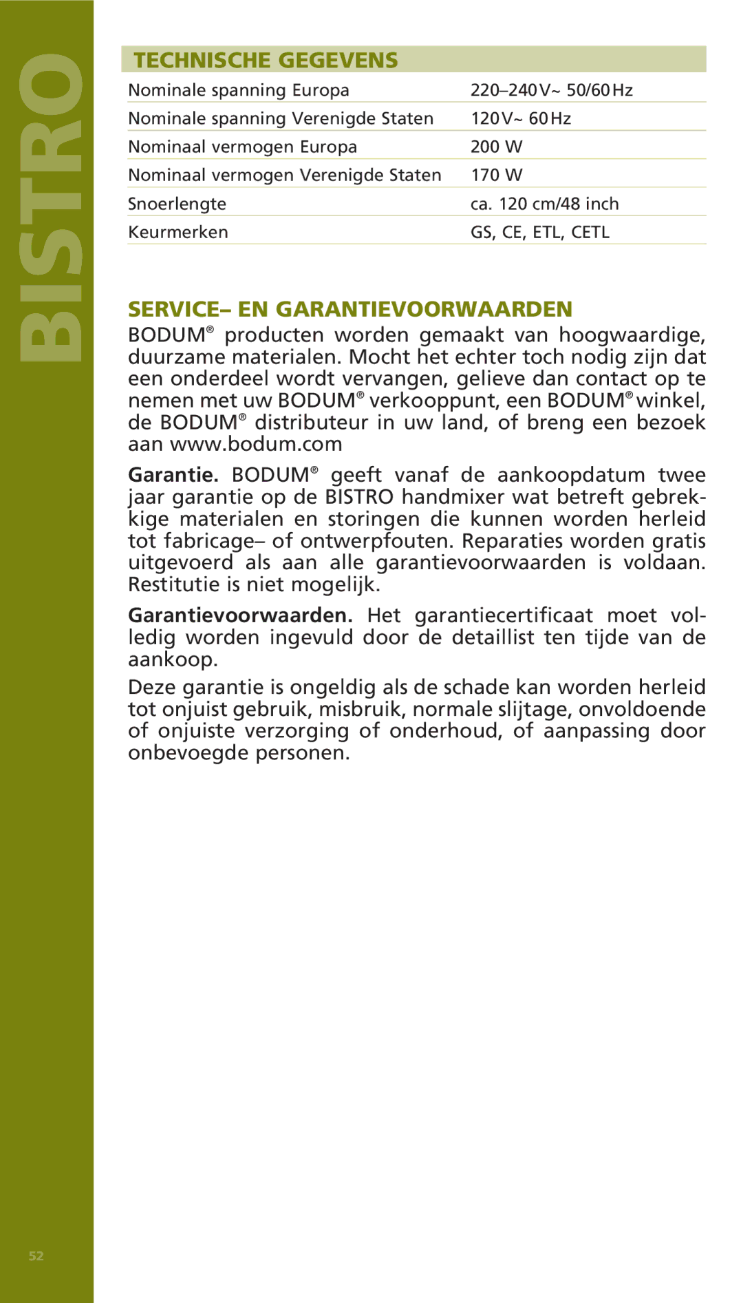 Bodum 11520 manual Technische Gegevens, SERVICE- EN Garantievoorwaarden 