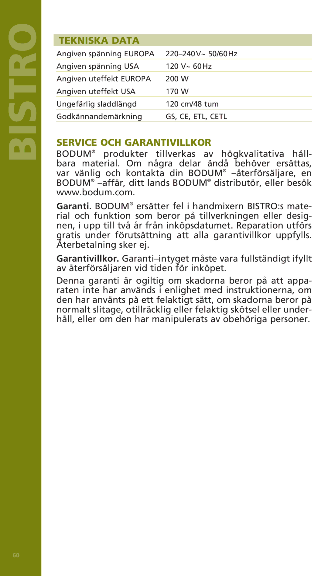 Bodum 11520 manual Tekniska Data, Service OCH Garantivillkor 