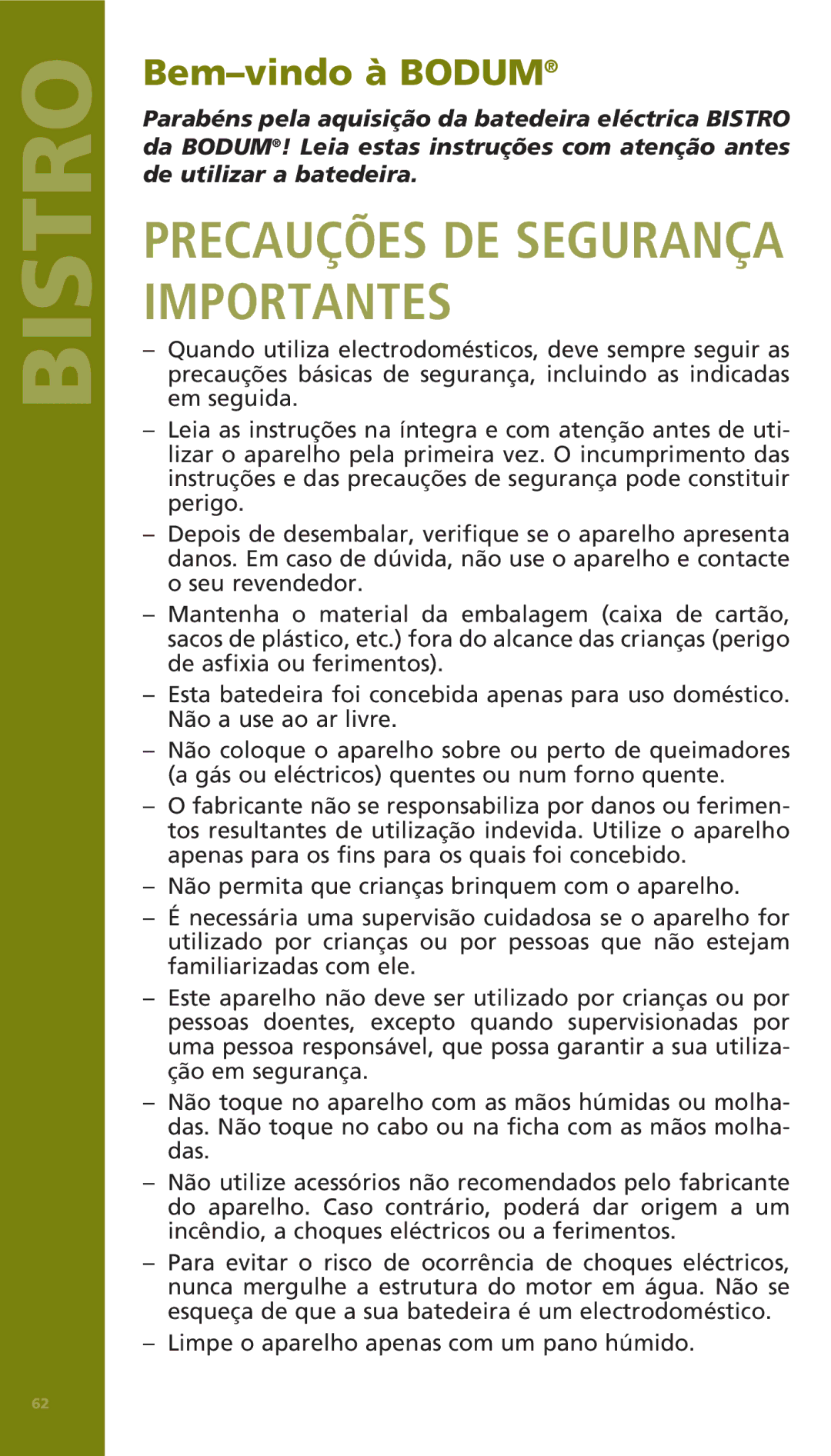 Bodum 11520 manual Precauções DE Segurança Importantes, Bem-vindo à Bodum 