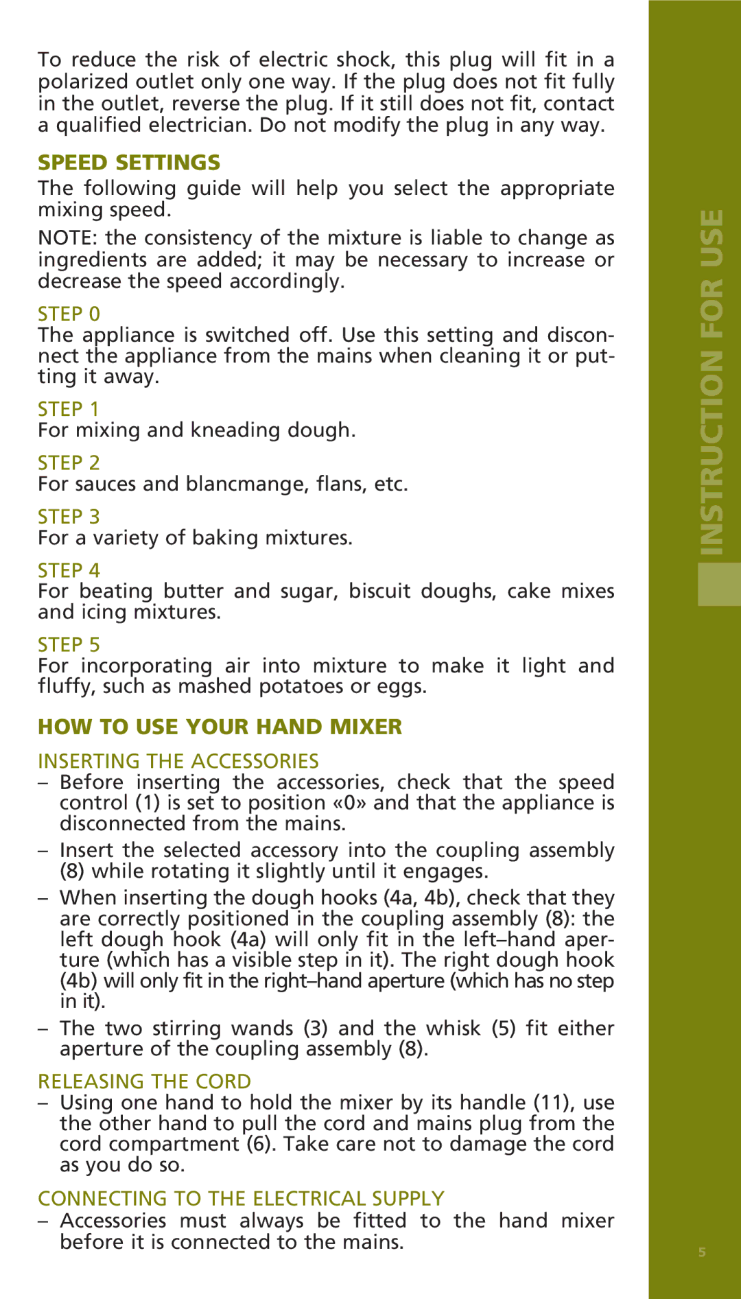 Bodum 11520 manual Speed Settings, HOW to USE Your Hand Mixer 