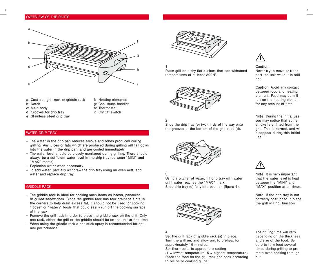 Bodum 3010-USA warranty Overview of the Parts, Water Drip Tray, Griddle Rack, Using the Yukon Table Grill 