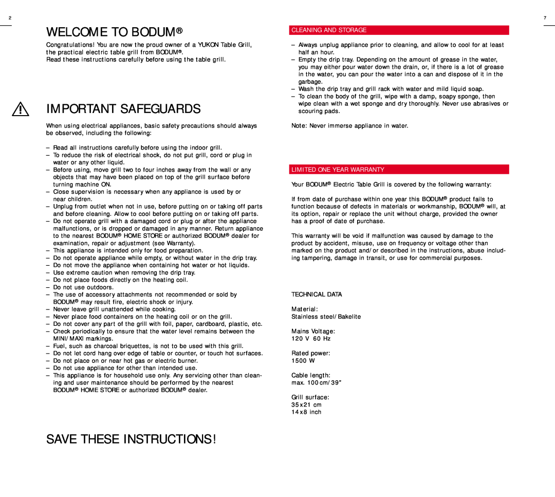 Bodum 3010-USA warranty Cleaning And Storage, Limited One Year Warranty, Welcome To Bodum, Important Safeguards 