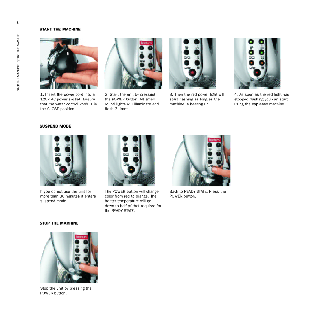 Bodum 3020 USA manual Start the Machine, Suspend Mode, Stop the Machine 