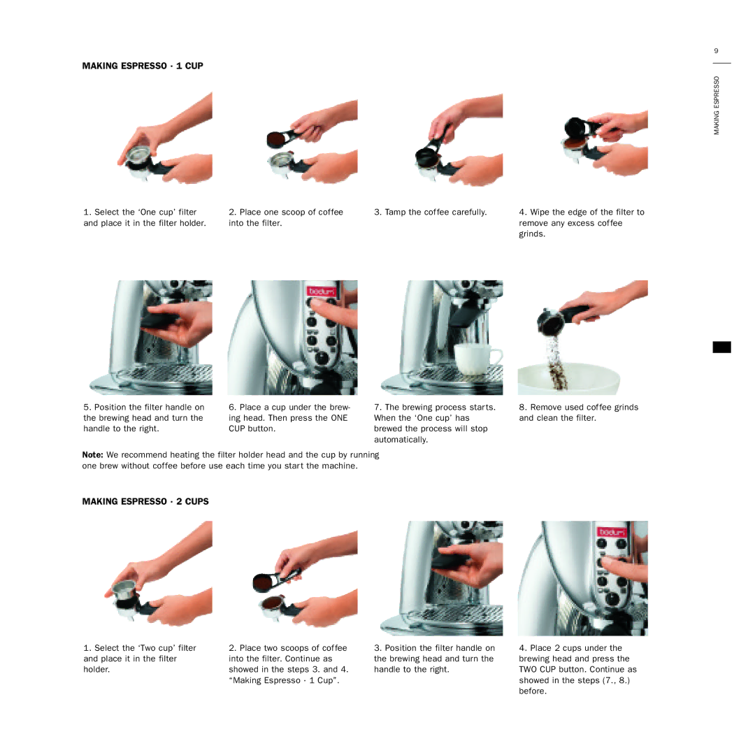 Bodum 3020 USA manual Making Espresso · 1 CUP, Making Espresso · 2 Cups 