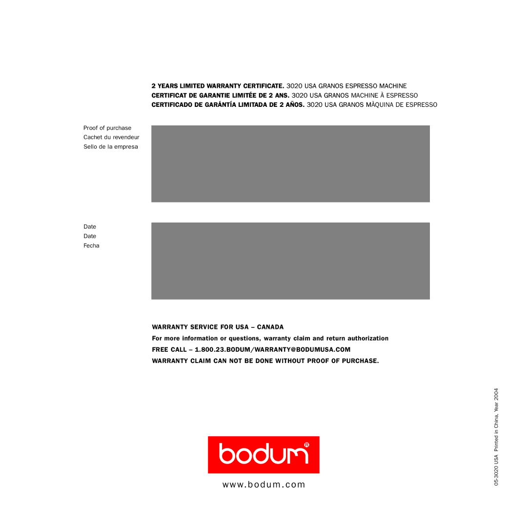 Bodum 3020 USA manual W. b o d u m . c o m 